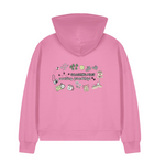 Pink hoodie with colorful graphics and text on the back against a white background