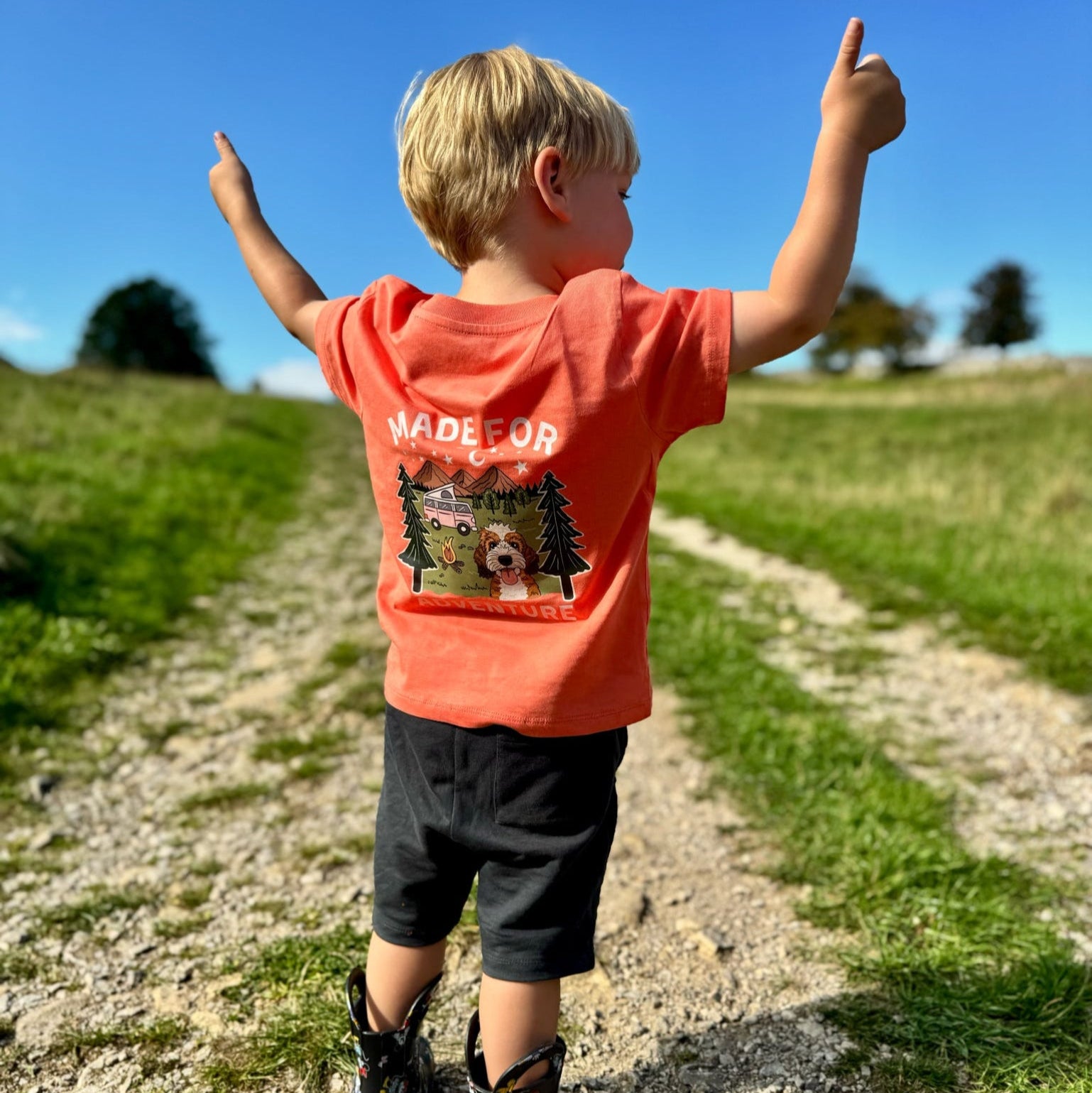 Child in an orange shirt with a graphic design, standing on a dirt path with arms raised against a blue sky.