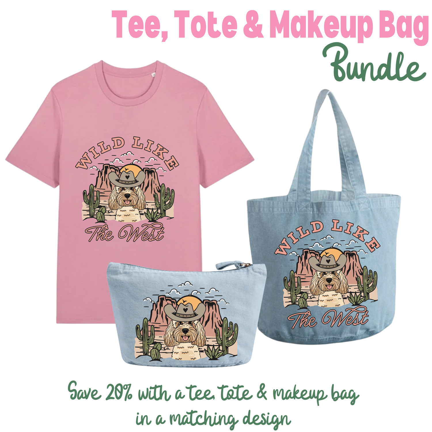 Wild Like the West Personalised Tee, Tote & Makeup Bag Bundle
