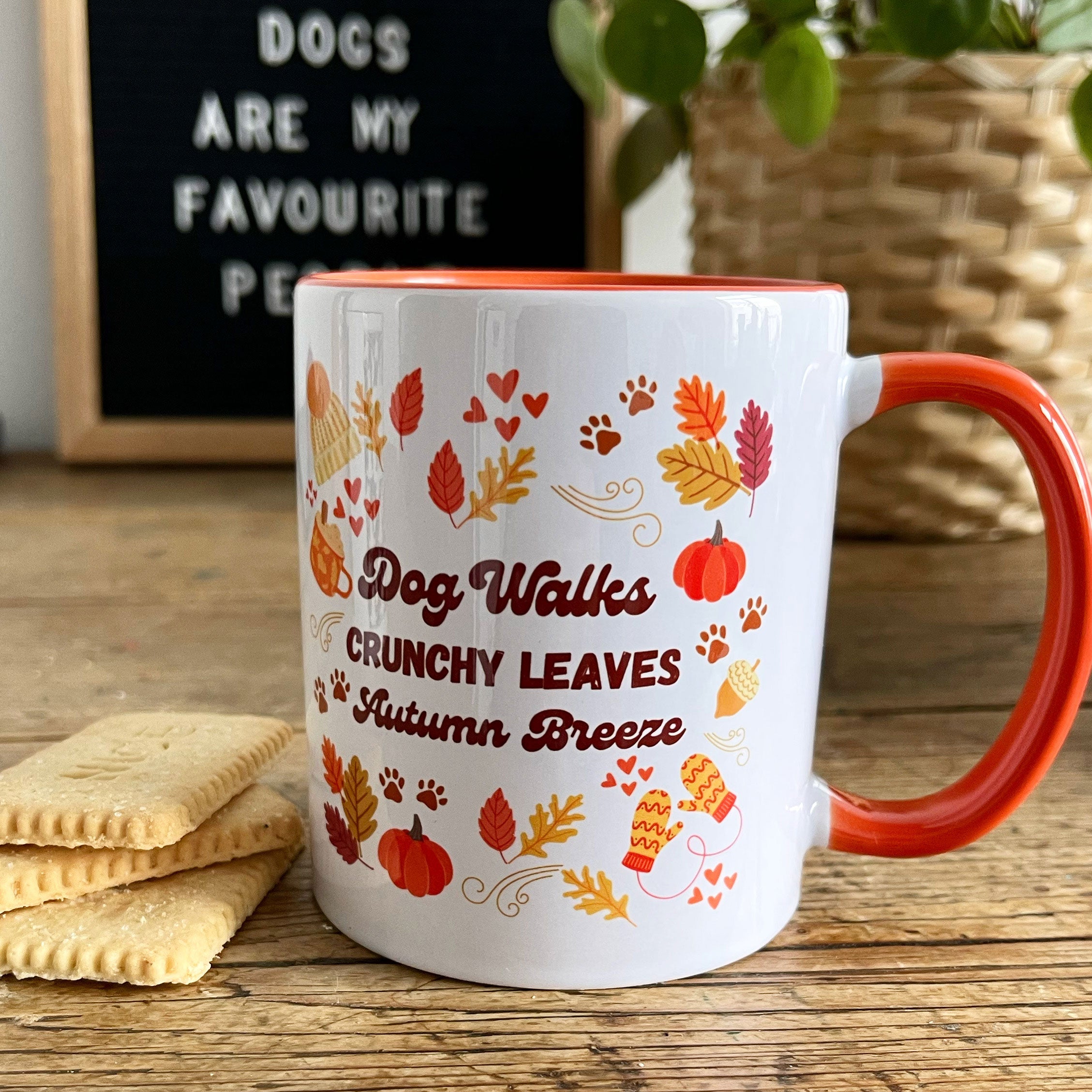 Dog walks crunchy leaves cosy season mug