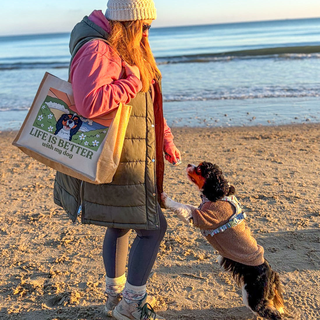 Beachy Life is Better with your Dog Jute Tote Bag