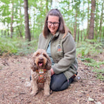 Woman in a forest with a dog wearing a harness