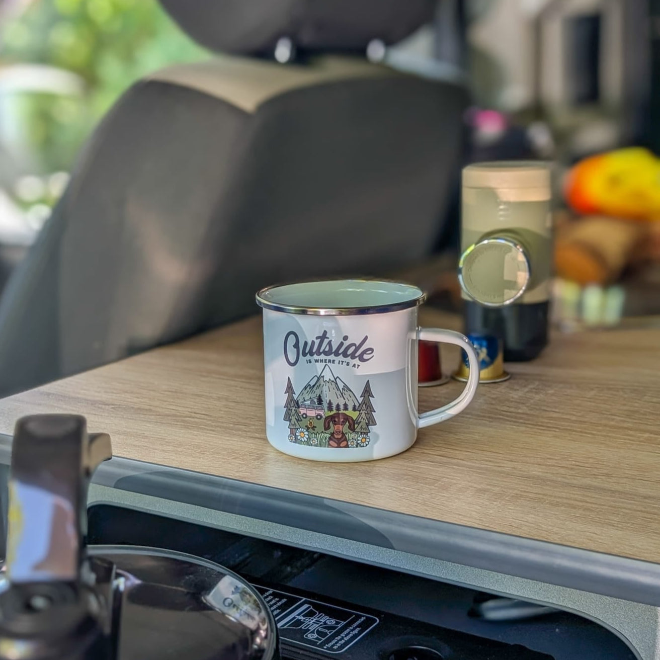 Outside is where it's at enamel mug