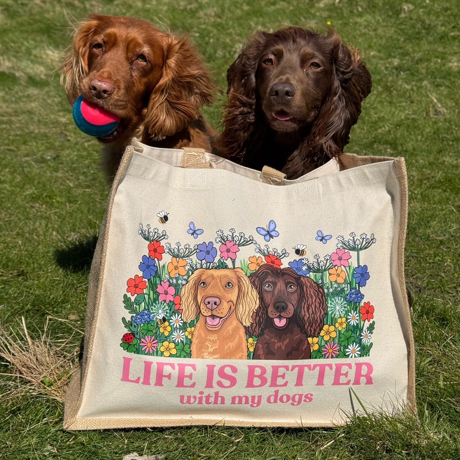Wildflower Life is Better with your Dog Jute Tote Bag
