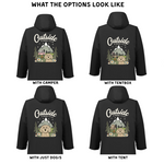 Black hoodie with 'Outside' graphic design on the back, featuring a camper, tent, and dog.