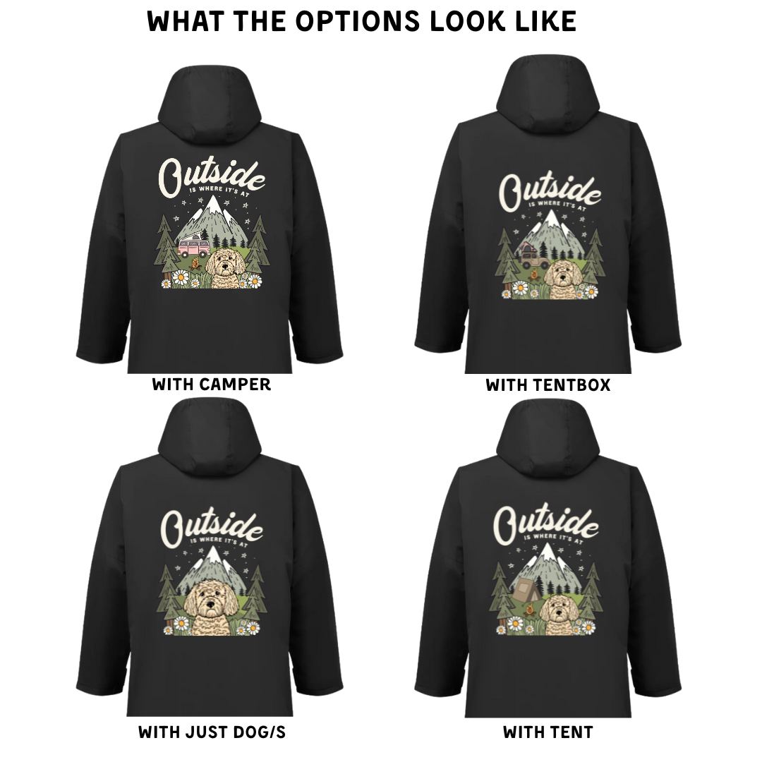 Black hoodie with 'Outside' graphic design on the back, featuring a camper, tent, and dog.