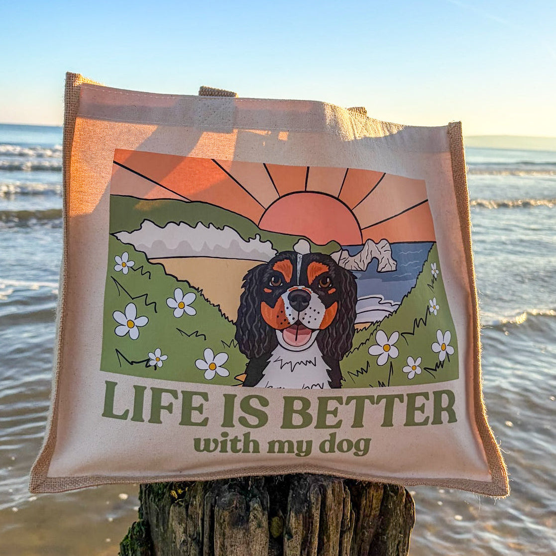 Beachy Life is Better with your Dog Jute Tote Bag