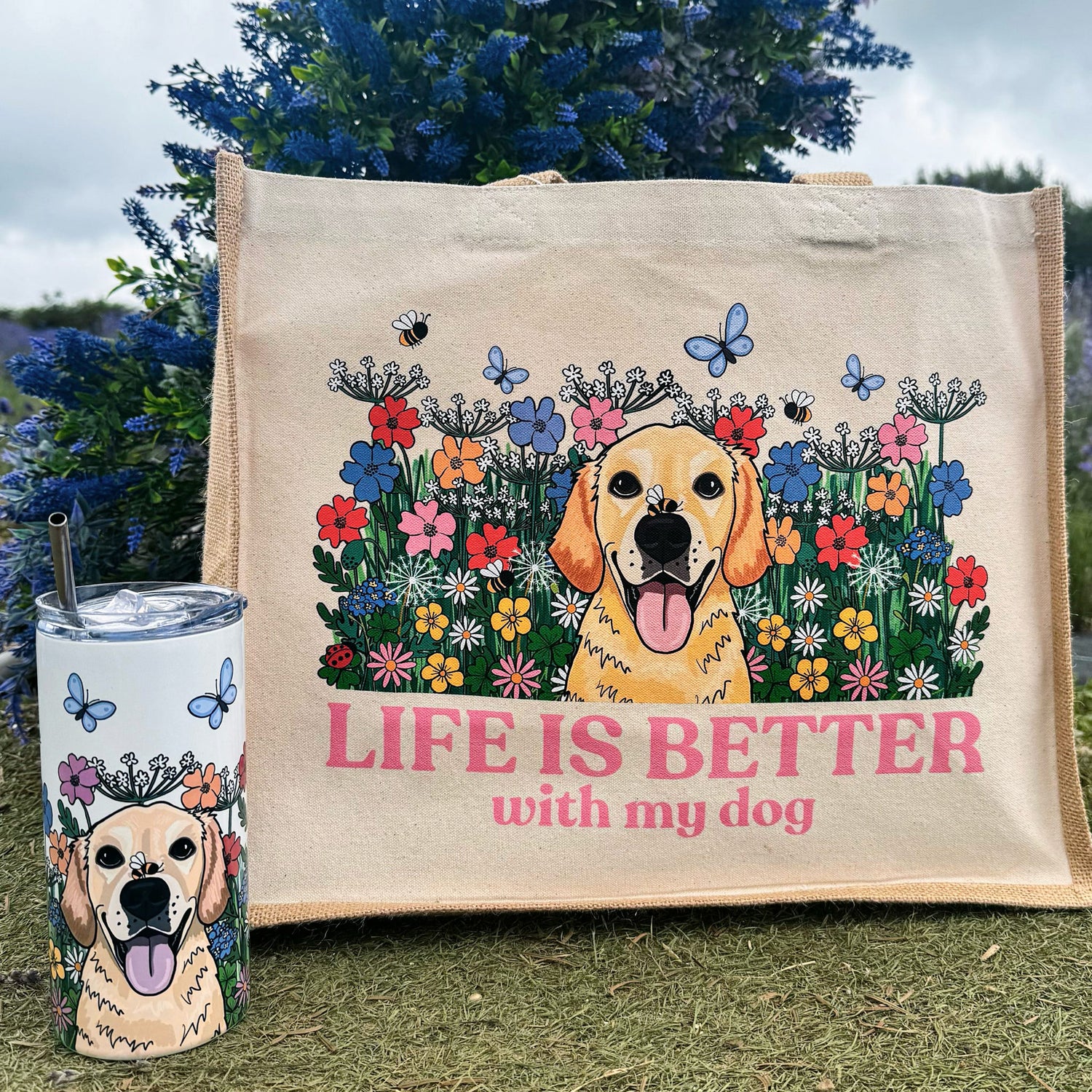 Wildflower Life is Better with your Dog Jute Tote Bag
