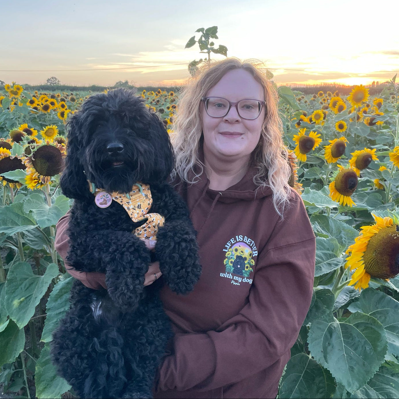 A woman wearing glasses and a brown hoodie holds a black curly-haired dog in a sunflower field at sunset. The hoodie has a colourful logo on the left chest.