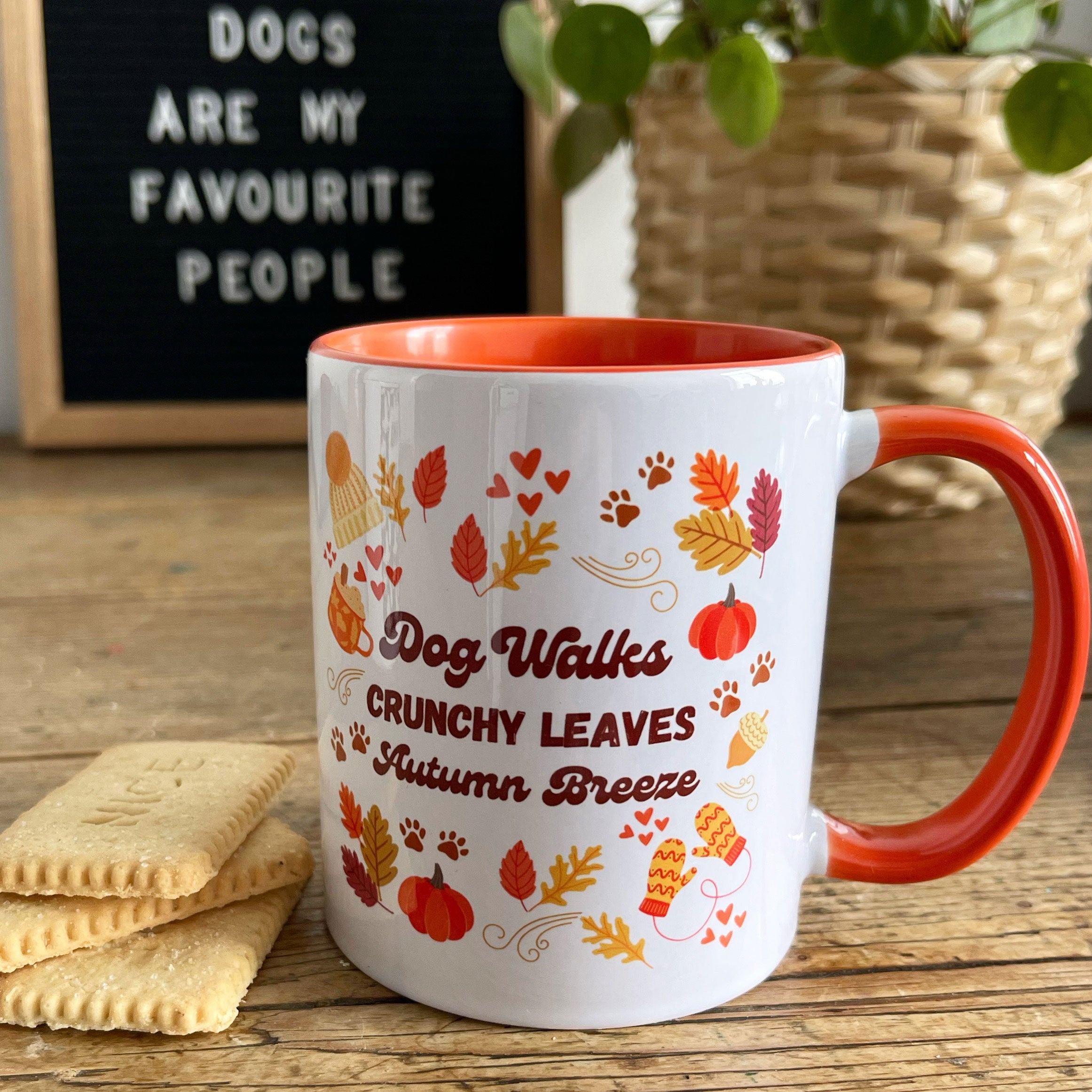 Dog walks crunchy leaves cosy season mug