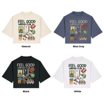 Four 'Feel Good Garden Club' t-shirts in different colors on a white background.
