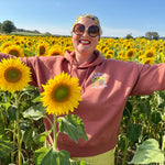A woman wearing a brown hoody and sunglasses stands in a sunflower field with her arms outstretched, surrounded by bright yellow sunflowers under a clear blue sky.