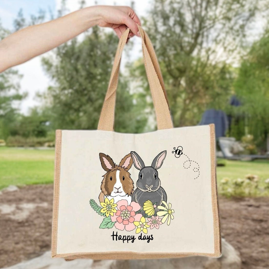 Bunny Floral Crest Jute Bag