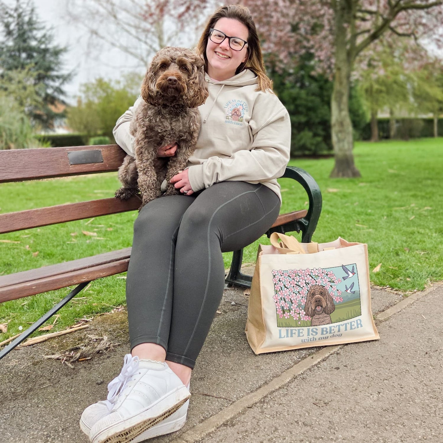 Personalised Cherry Blossom Jute Tote Bag | Life is Better With My Dog