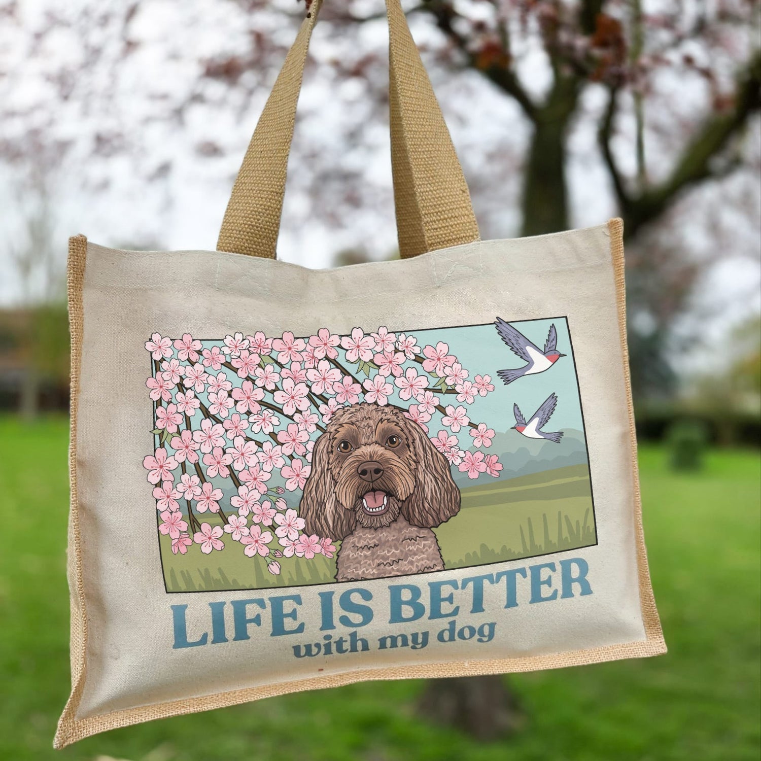 Personalised Cherry Blossom Jute Tote Bag | Life is Better With My Dog