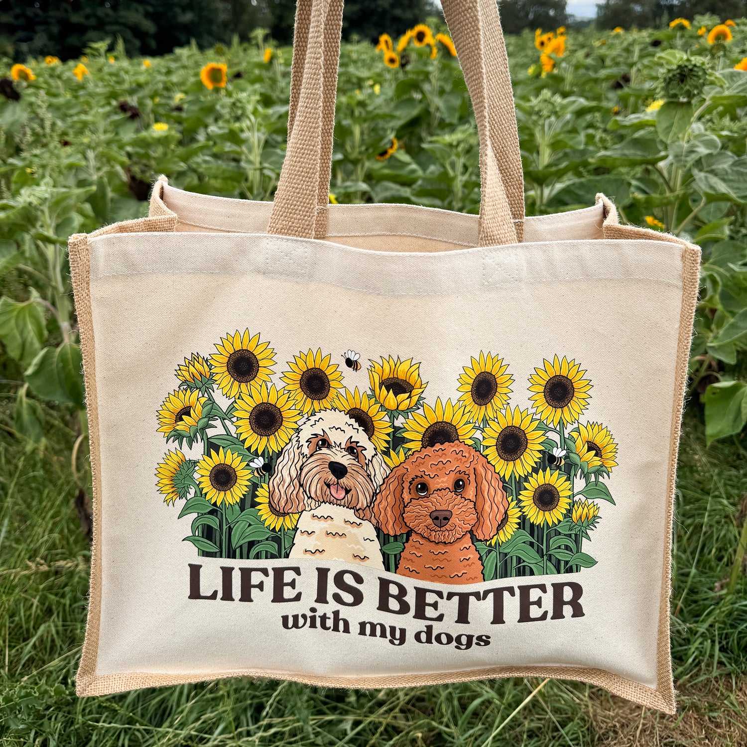 Personalised Sunflower Jute Tote Bag | Life is Better With My Dog