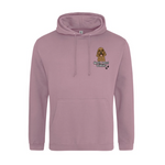 Pink hoodie with a logo and text on a white background