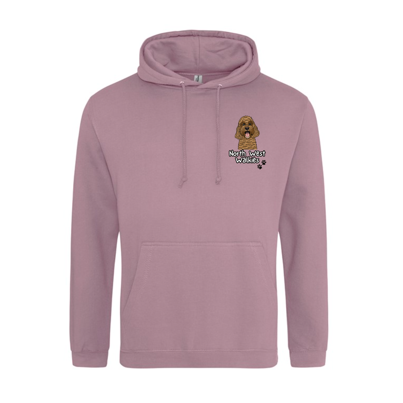 Pink hoodie with a logo and text on a white background