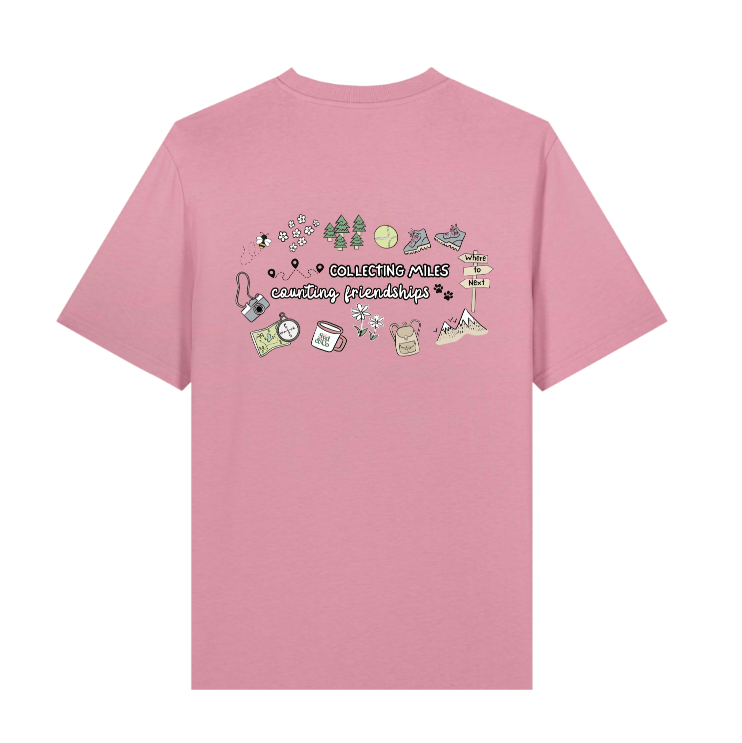 Pink t-shirt with a graphic design on a white background
