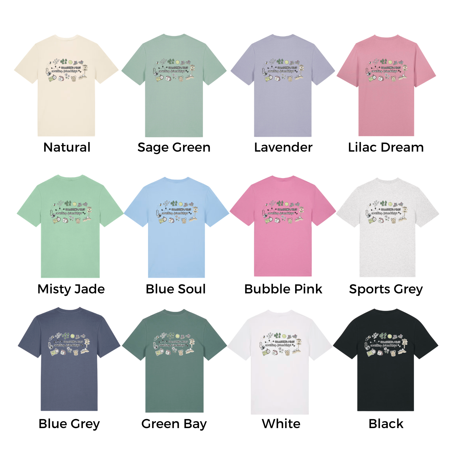 Collection of t-shirts in various colors with text labels on a white background