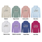 Collection of hoodies in various colors with text on the back.