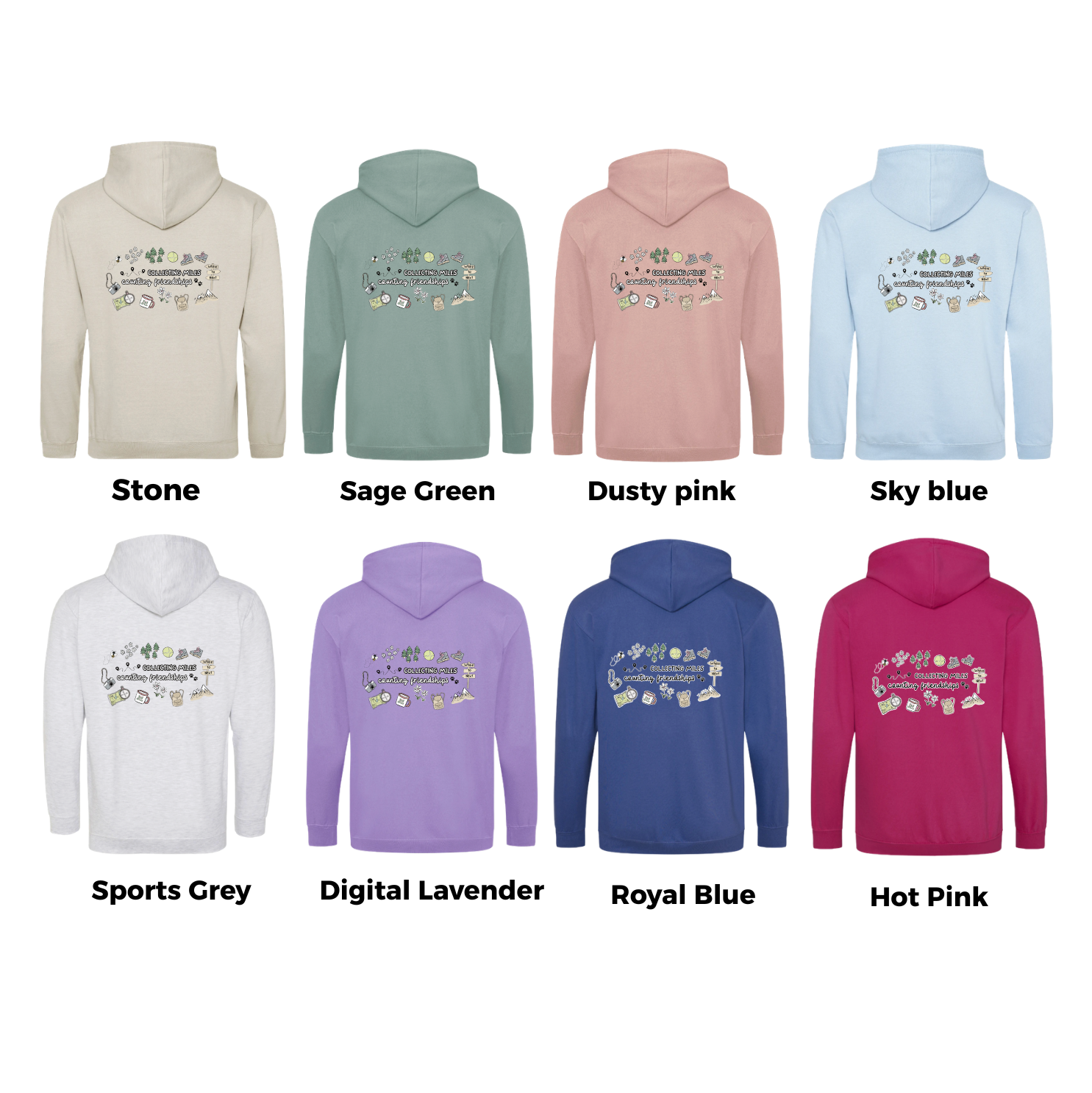 Collection of hoodies in various colors with text on the back.
