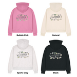Four hoodies in different colors with text and graphics on a white background