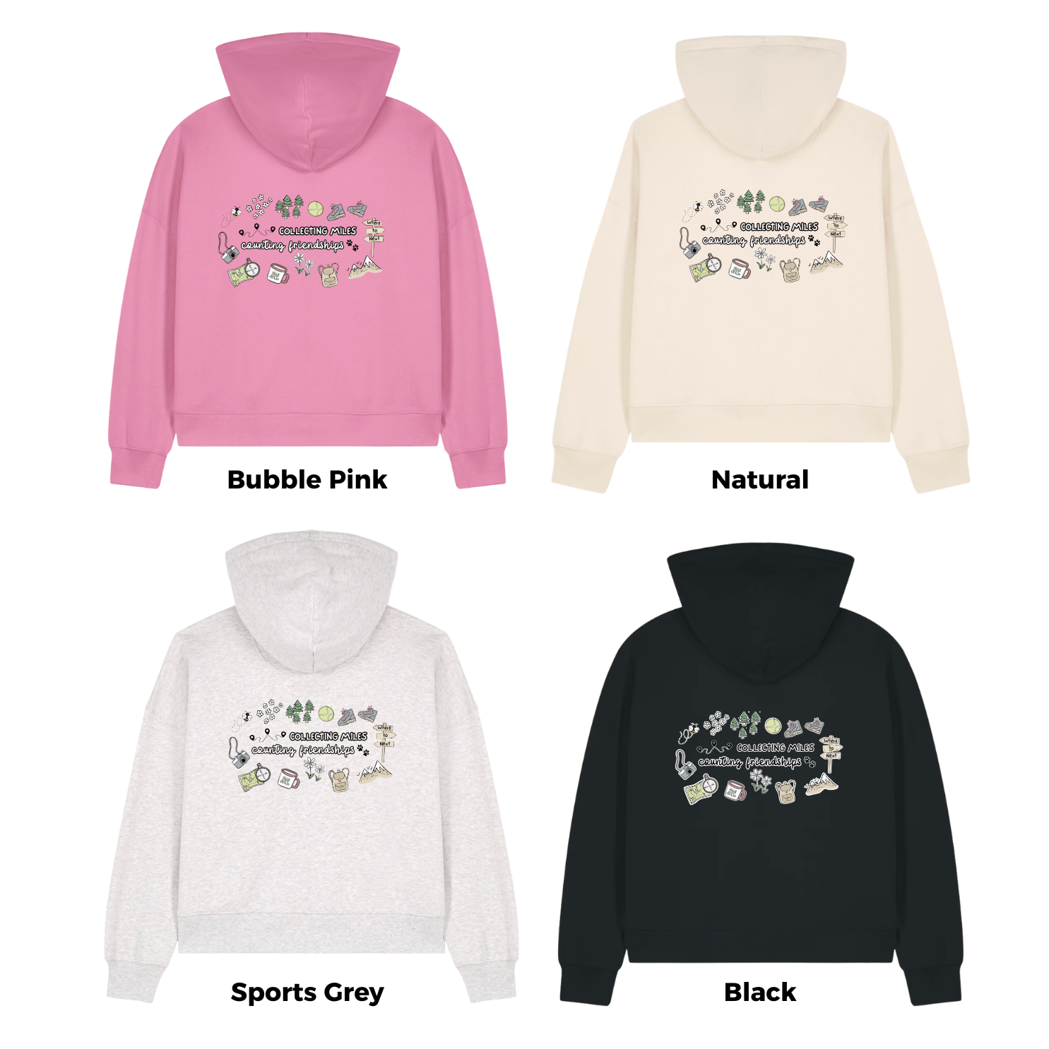 Four hoodies in different colors with text and graphics on a white background