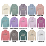 Collection of hoodies in various colors with text design on a white background