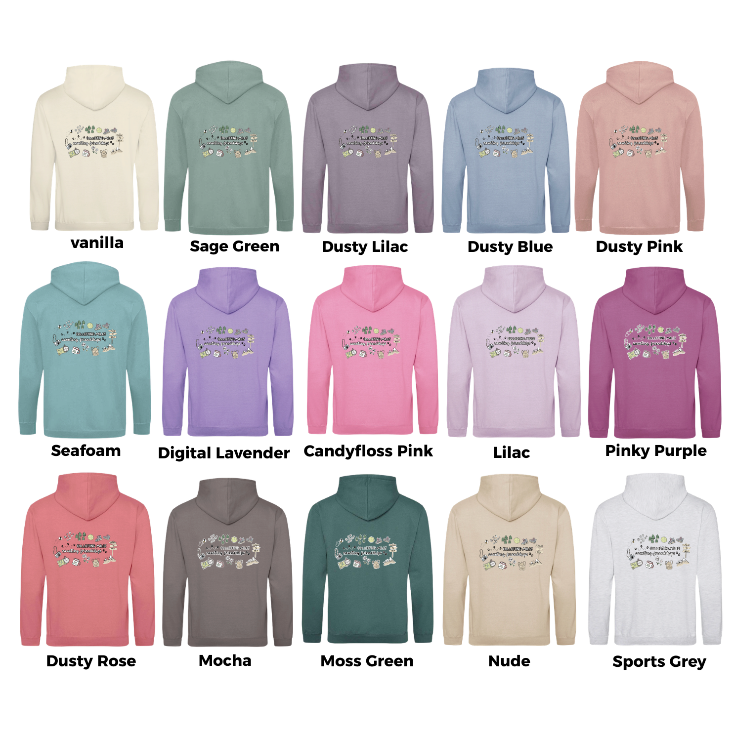 Collection of hoodies in various colors with text design on a white background