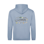 Light blue hoodie with colorful graphics on the back against a white background