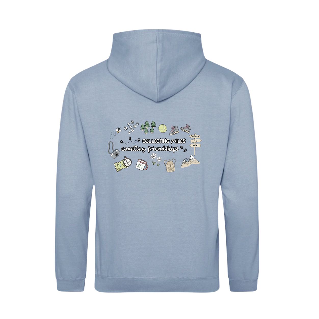Light blue hoodie with colorful graphics on the back against a white background