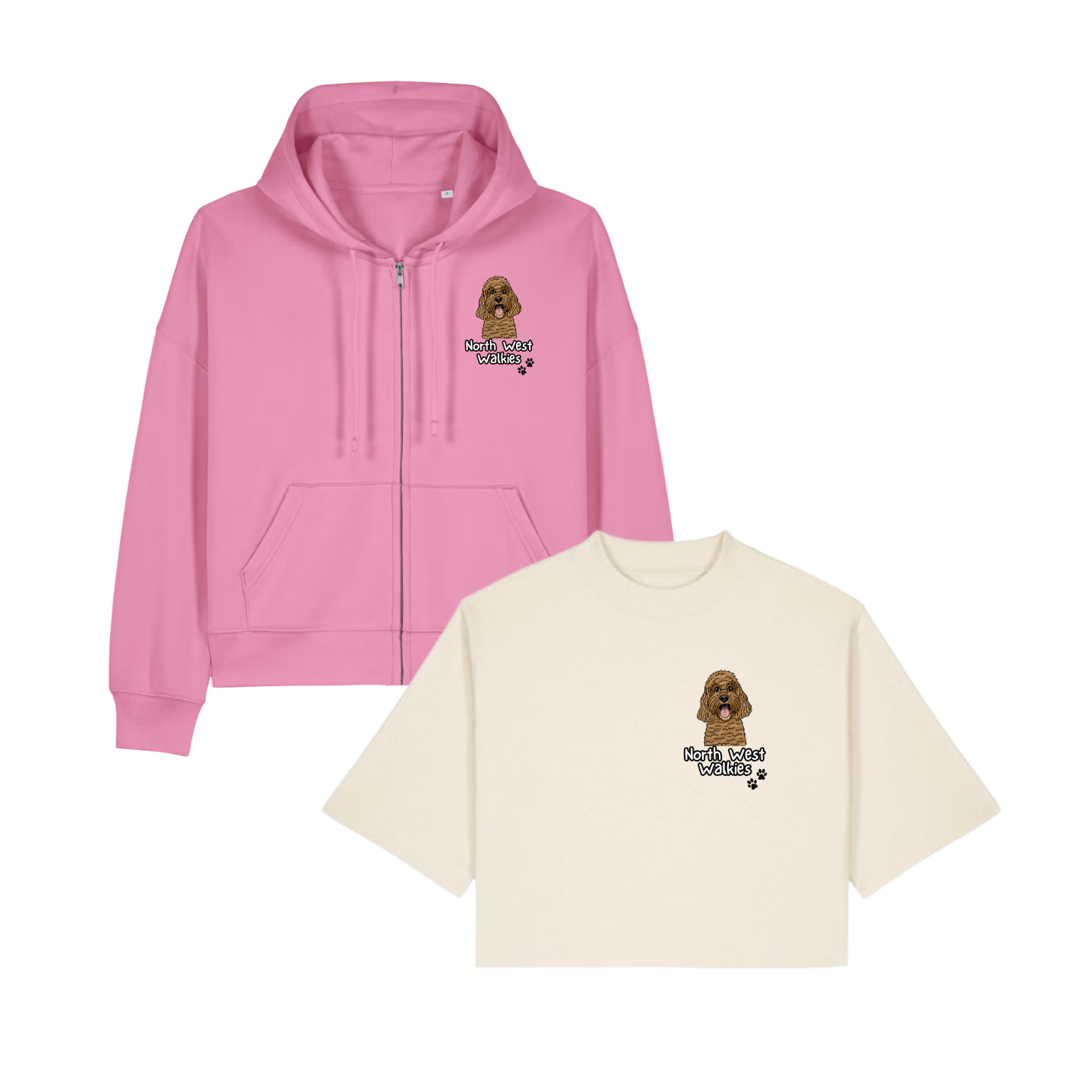 Pink hoodie and beige t-shirt with a cartoon dog design on a white background