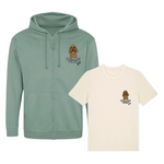 Green hoodie and beige t-shirt with a dog graphic and text on a white background