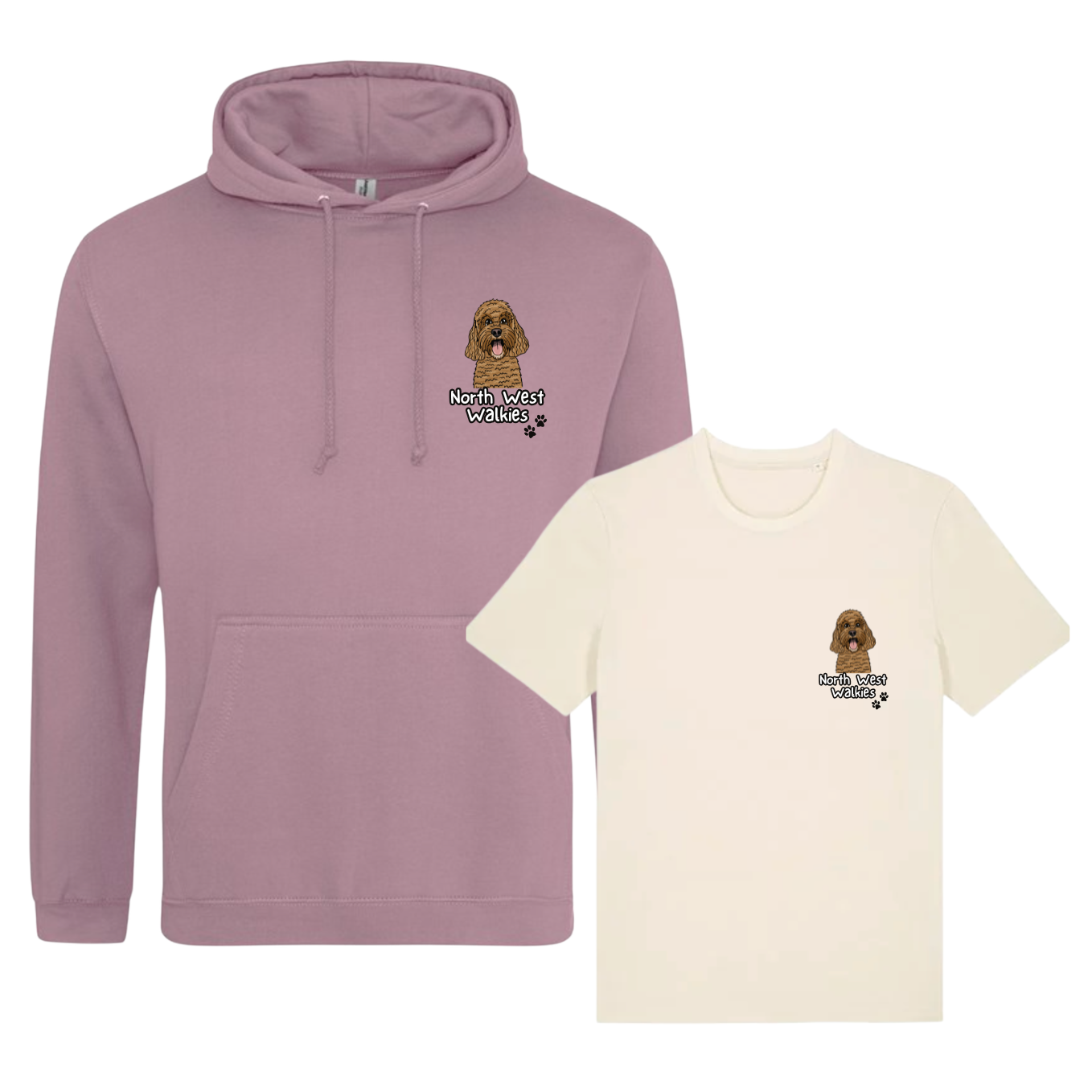 Purple hoodie and beige t-shirt with a dog graphic and text on a white background
