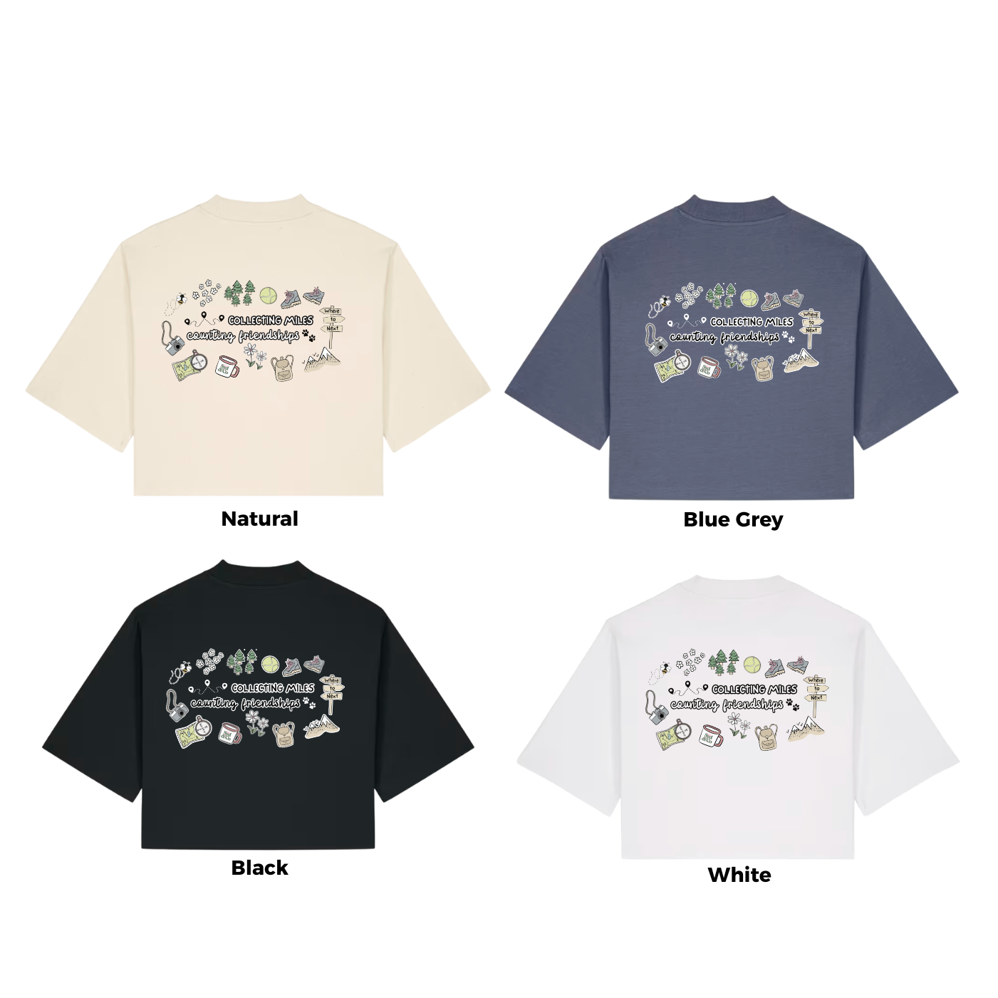 Four t-shirts in different colors with a design on the back against a white background.