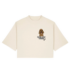 Beige t-shirt with a dog graphic and text on a white background