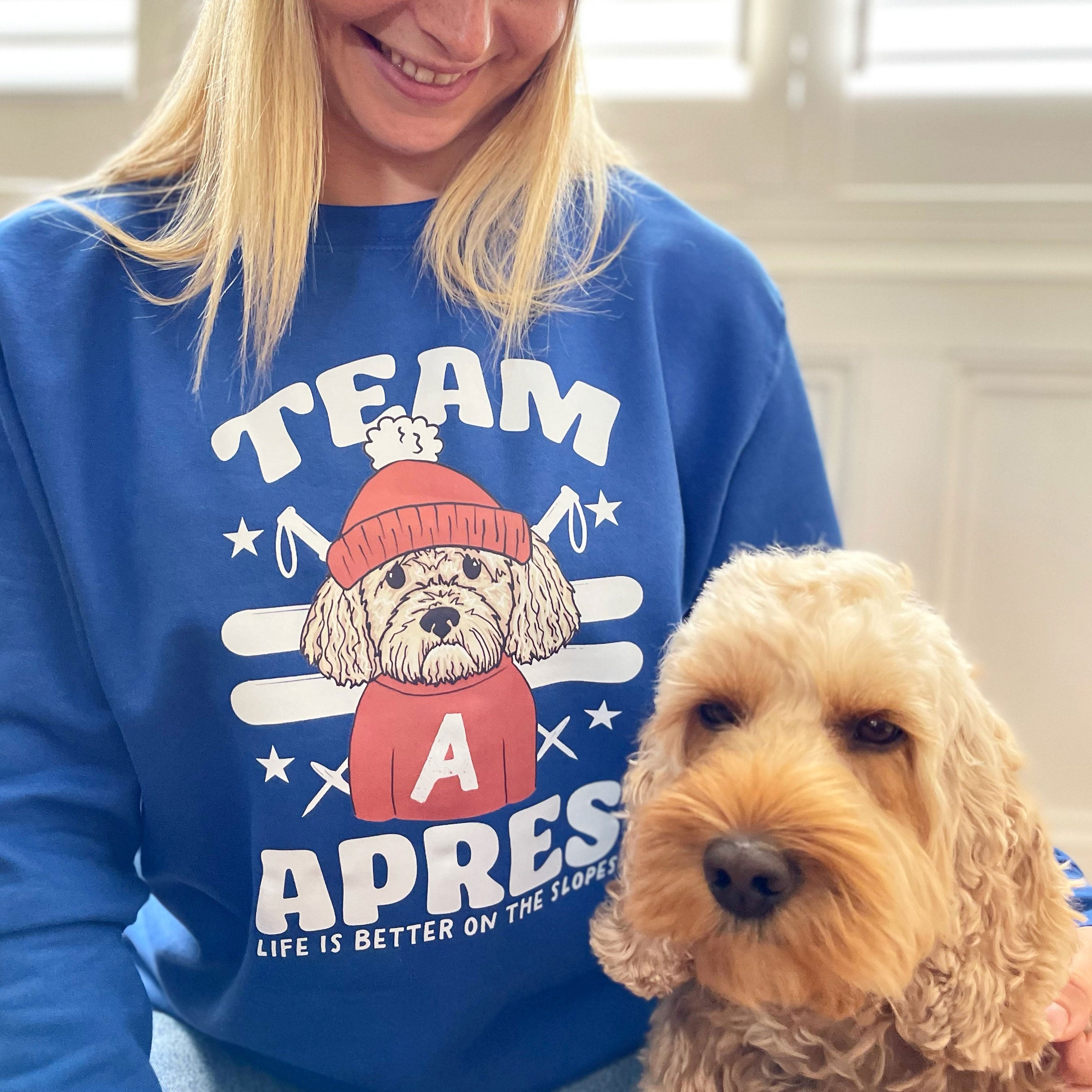 Blue Personalised Team Apres Dog Lover Christmas jumper