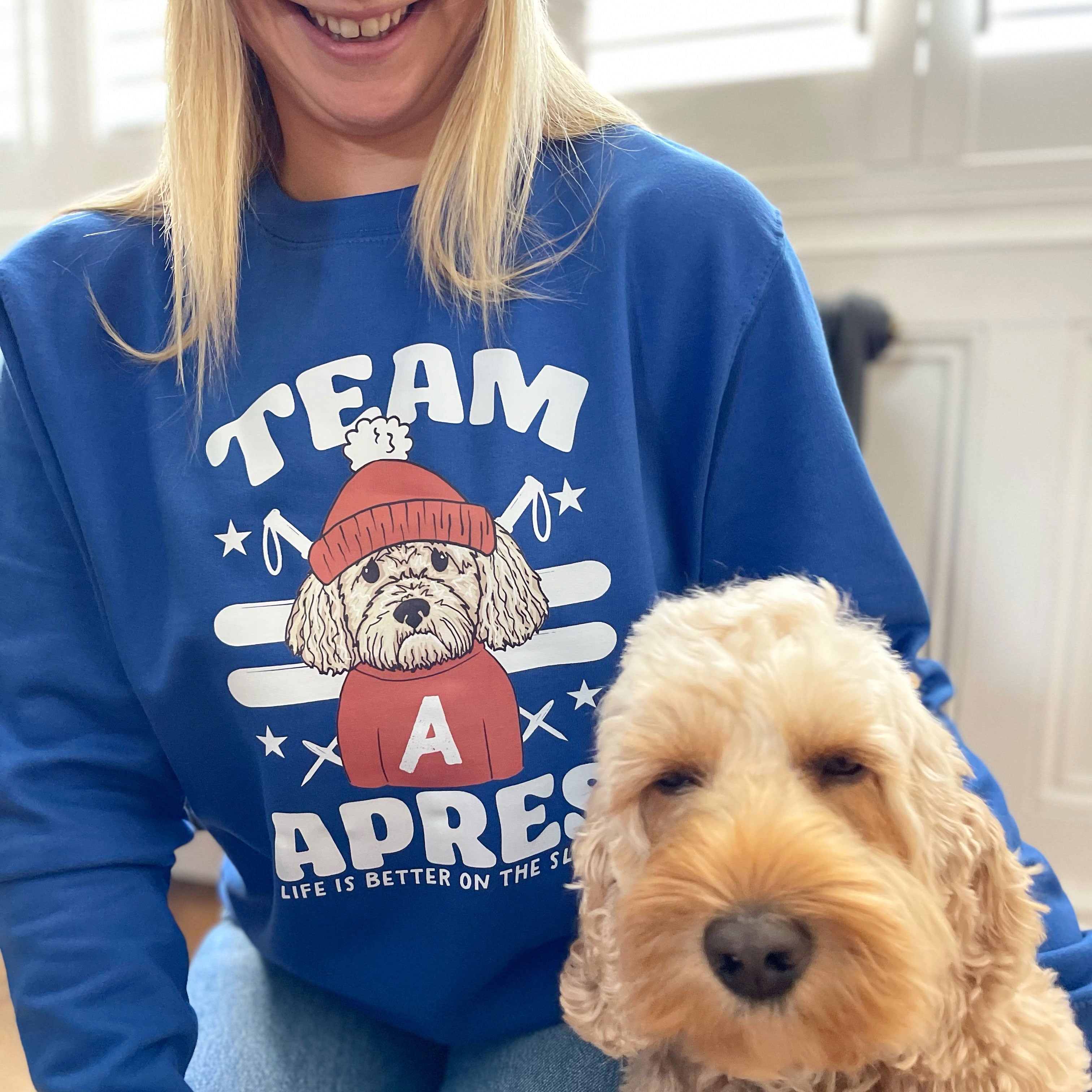 Blue Personalised Team Apres Dog Lover Christmas jumper