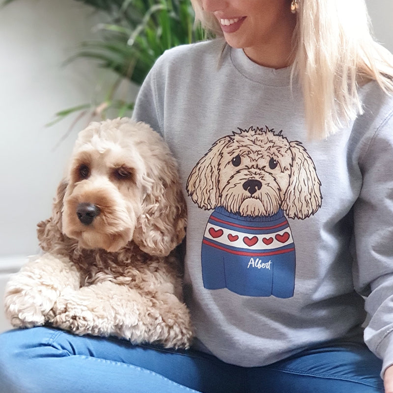 Personalised Dog Lover Jumper with a personalised image of an apricot cockapoo dog